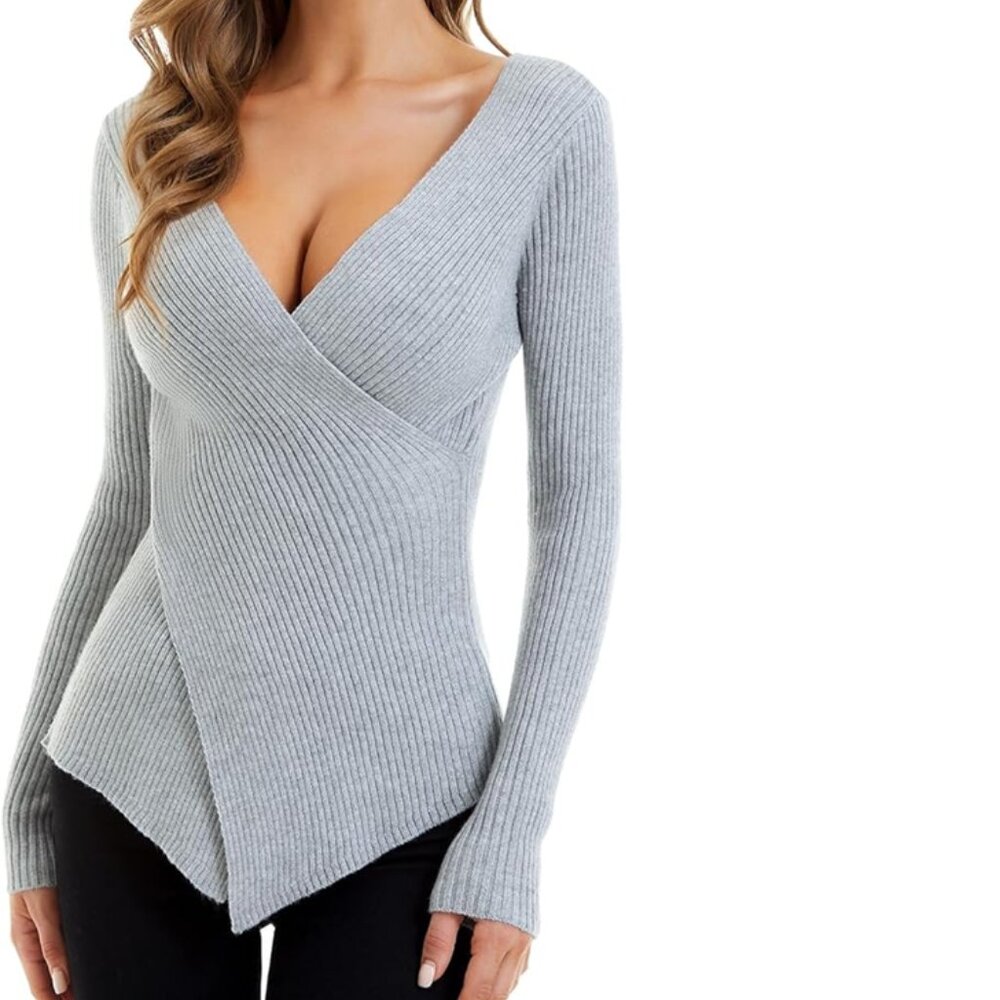 Women's V-Neck Sweater Knit Wrap Slim Fit Pullover Top Grey Medium